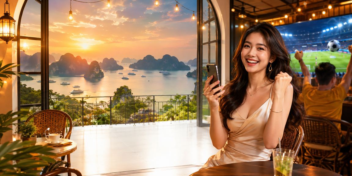Người dùng thư giãn với game bài tại quán cà phê gần Vịnh Hạ Long